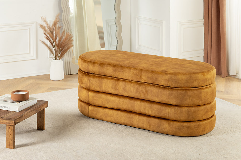 Extravagante Polsterbank VOGUE 115cm senfgelb Samt Sitzbank mit Stauraum