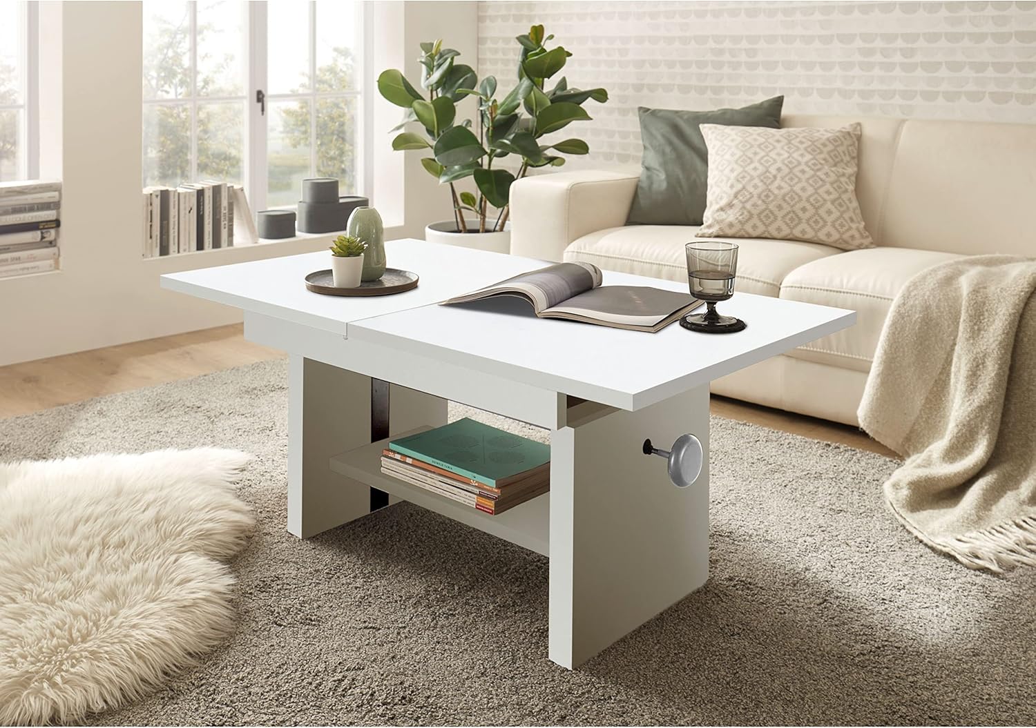 EVENT Couchtisch höhenverstellbar & ausziehbar in Weiß - praktischer Sofatisch mit Ablage für Ihren Wohnbereich - 110 x 48 x 65 cm (B/H/T)