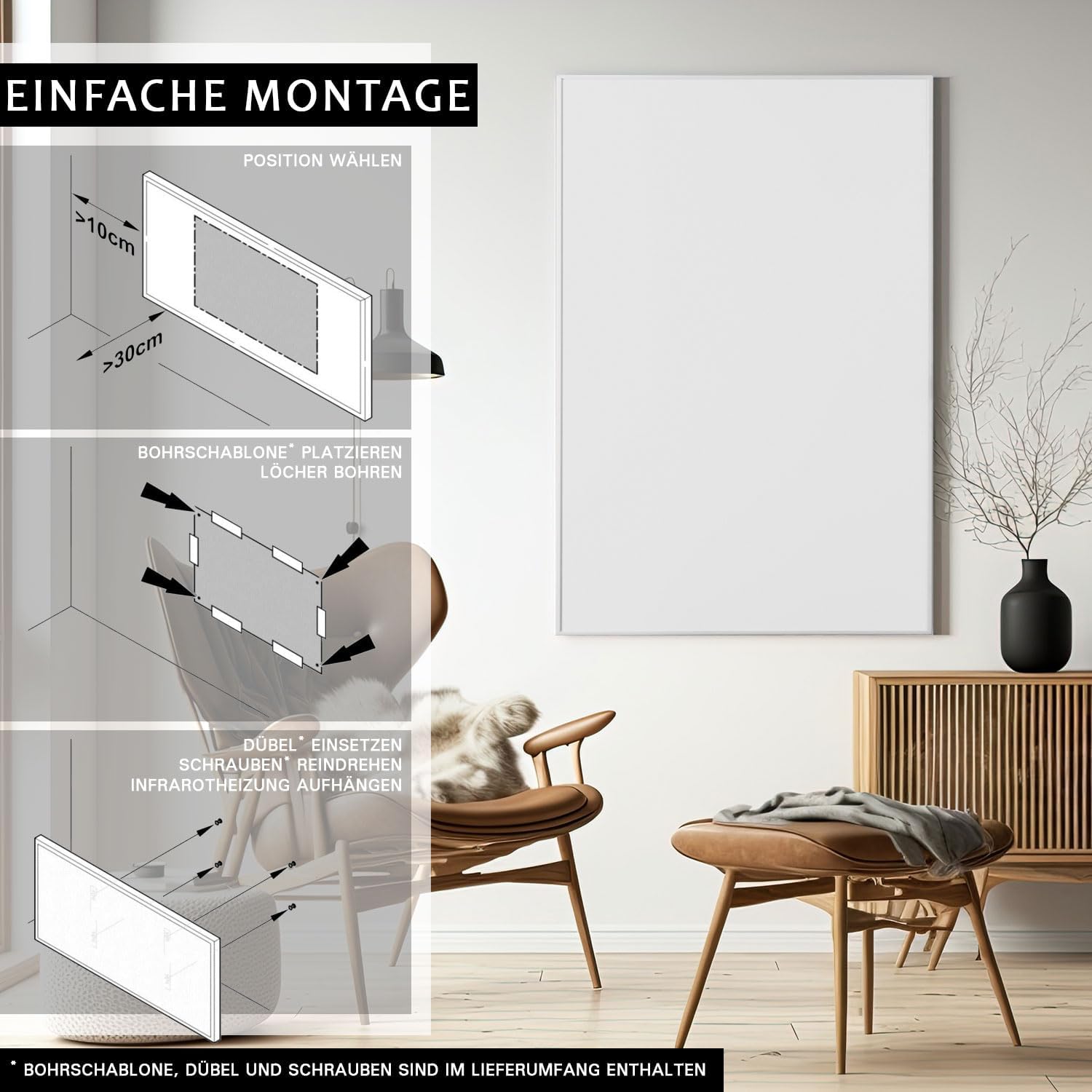 Infrarotheizung mit Thermostat | Fernbedienung und App Steuerung | BLANK 1100W (120,5 x 90,5cm) | Infrarotheizkörper Elektroheizung Wandheizung Heizkörper elektrische Heizung Infrarot Heizpaneel