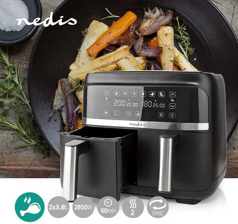 Nedis Heteluchtfriteuse | 2x3.8 l | Tijdschakelaar: 60 min | Digitaal | Zwart