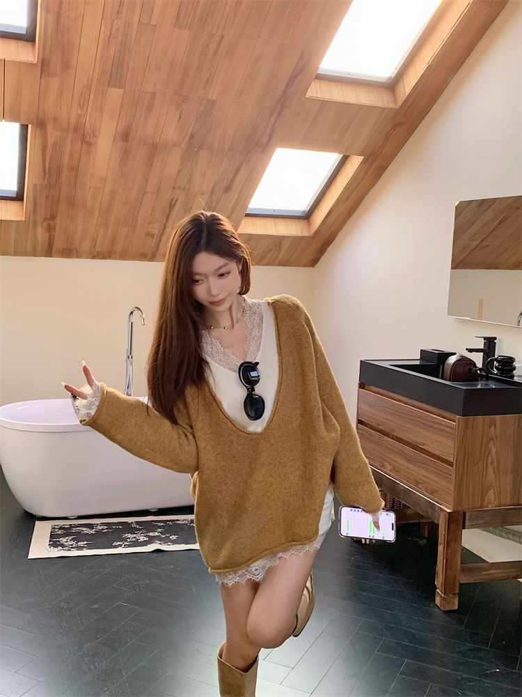 OUREA - V-hals effen oversized trui