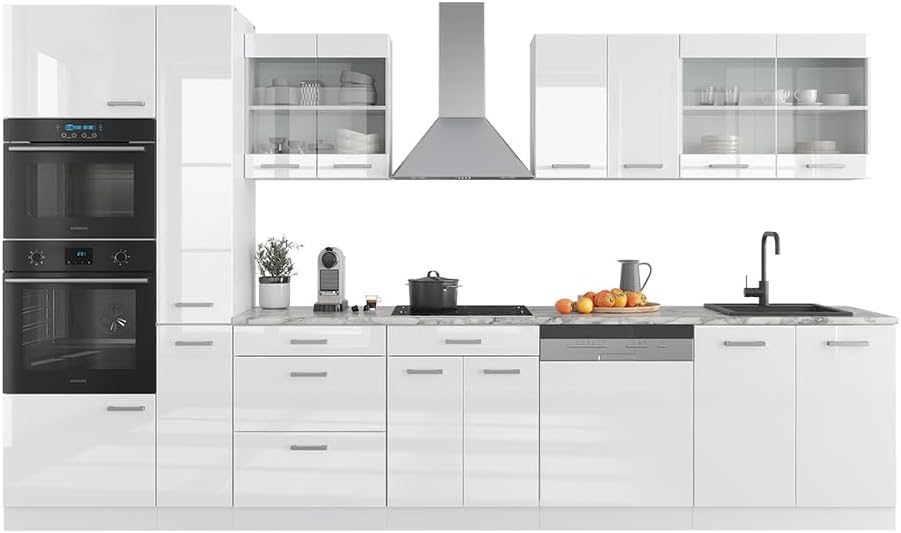 Vicco Küchenzeile R-Line, Weiß Hochglanz/Weiß, 350 cm mit Hochschrank, ohne Arbeitsplatte