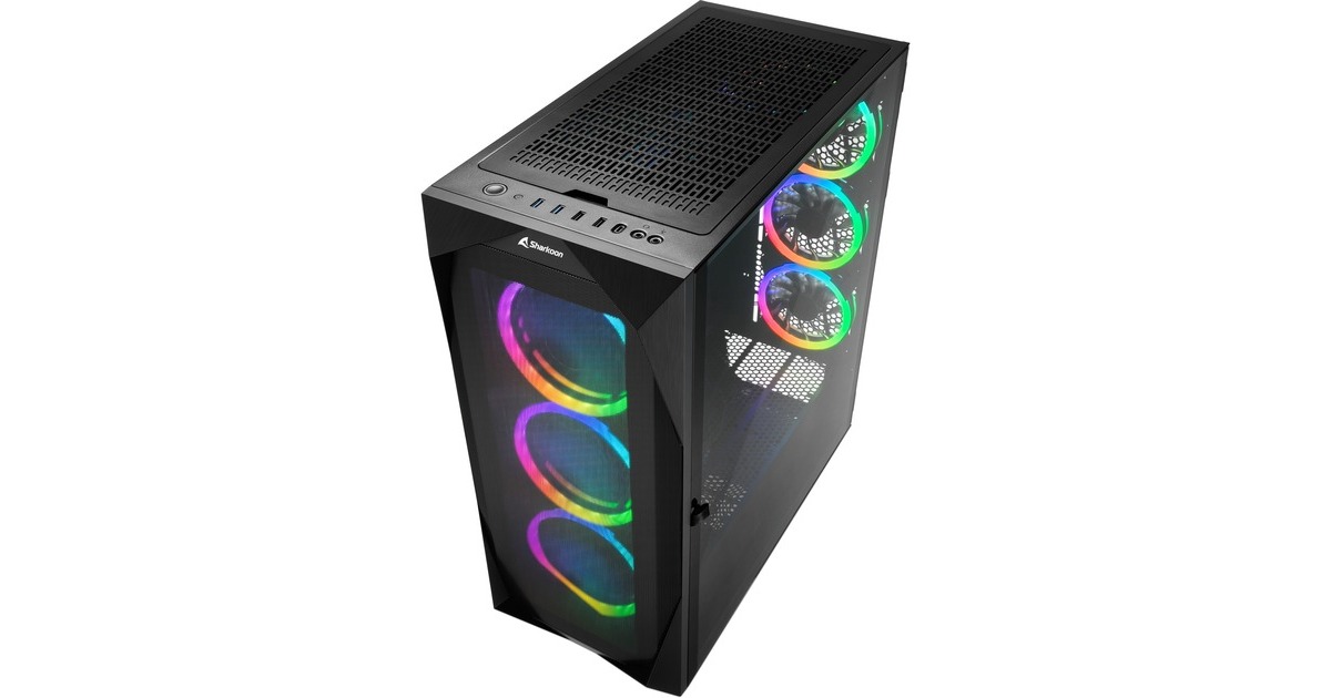 SharkoonREV300 midi tower behuizing  (Zwart | 4x USB-A | 1x USB-C | RGB | Tempered Glass)