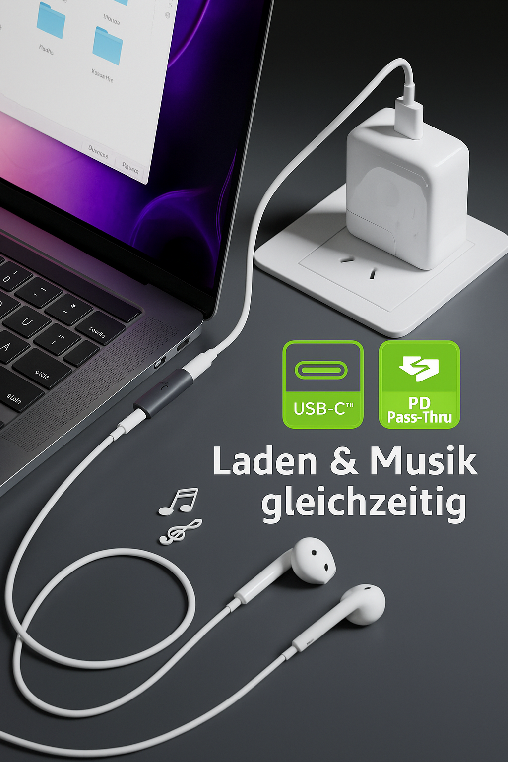 (10cm) USB C auf 3.5mm Audio DAC AUX Anschluss und USB C Port Nylon Kabel mit PD 100W - Grau