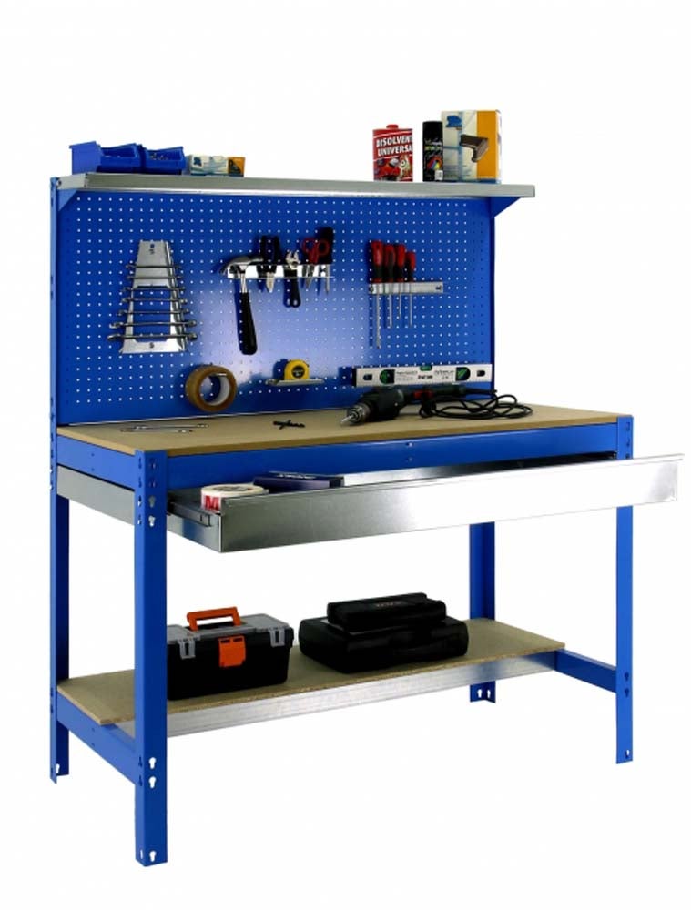 PROREGAL Buffalo werkbank met gereedschapswand, lade en plank, HxBxD 84 x 150 x 61 cm, draagvermogen 600 kg, blauw