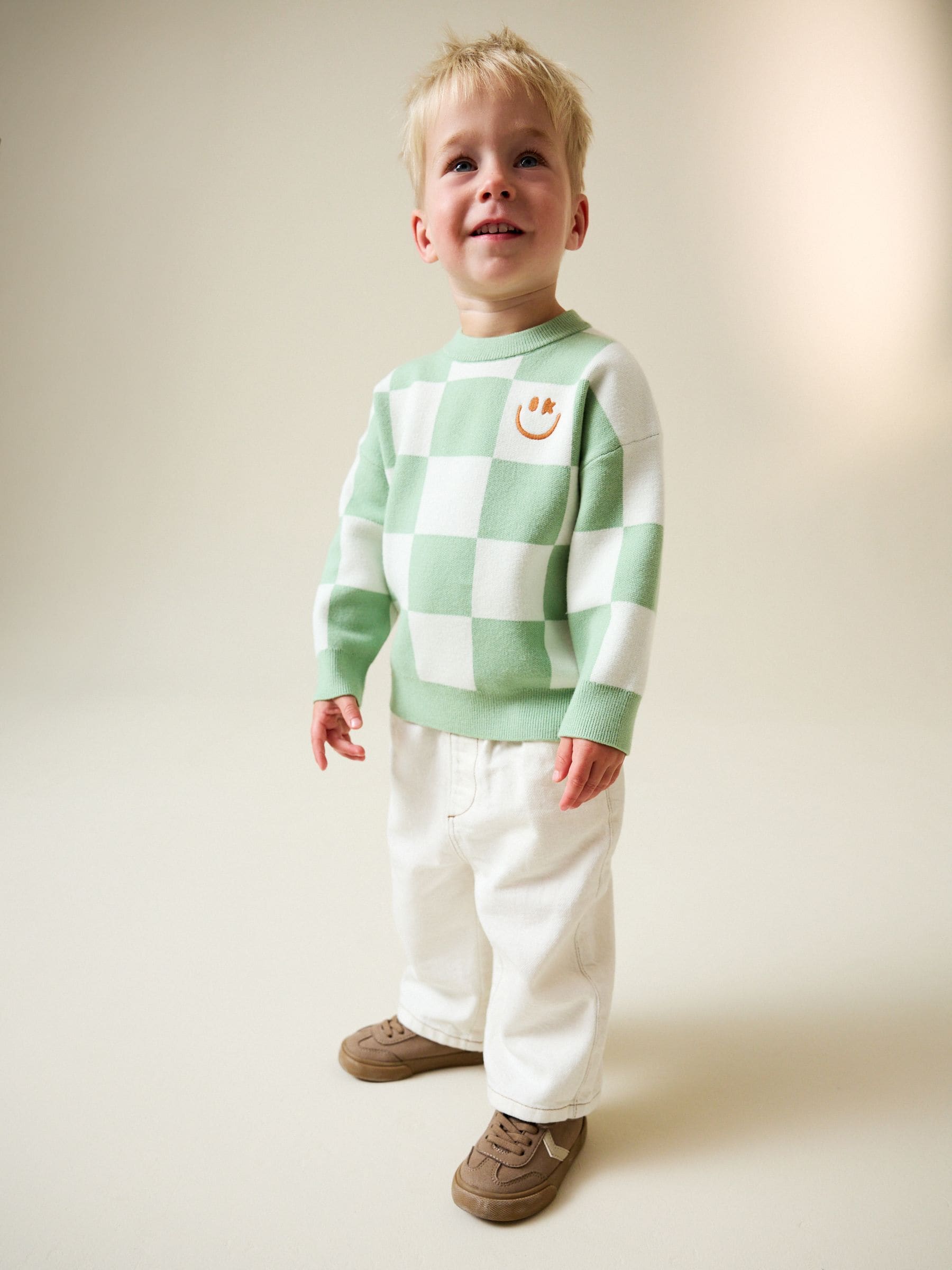 Groen met dambordprint - Gebreide trui met ronde hals (3 mnd - 7 jr)