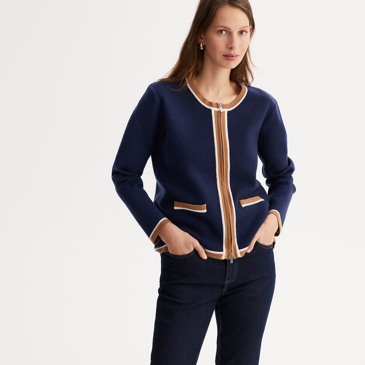 ANNE WEYBURN<br>Cardigã de malha fina com gola redonda e zíper