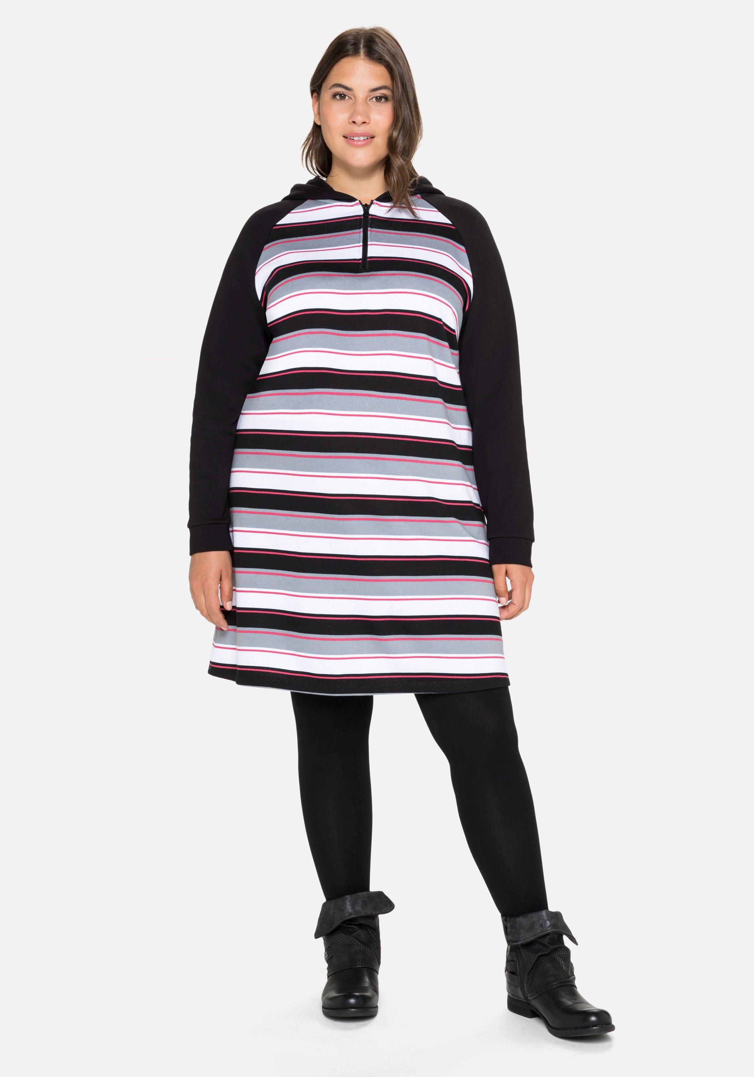 Sweatkleid mit Ringeln, Kapuze und Reißverschluss