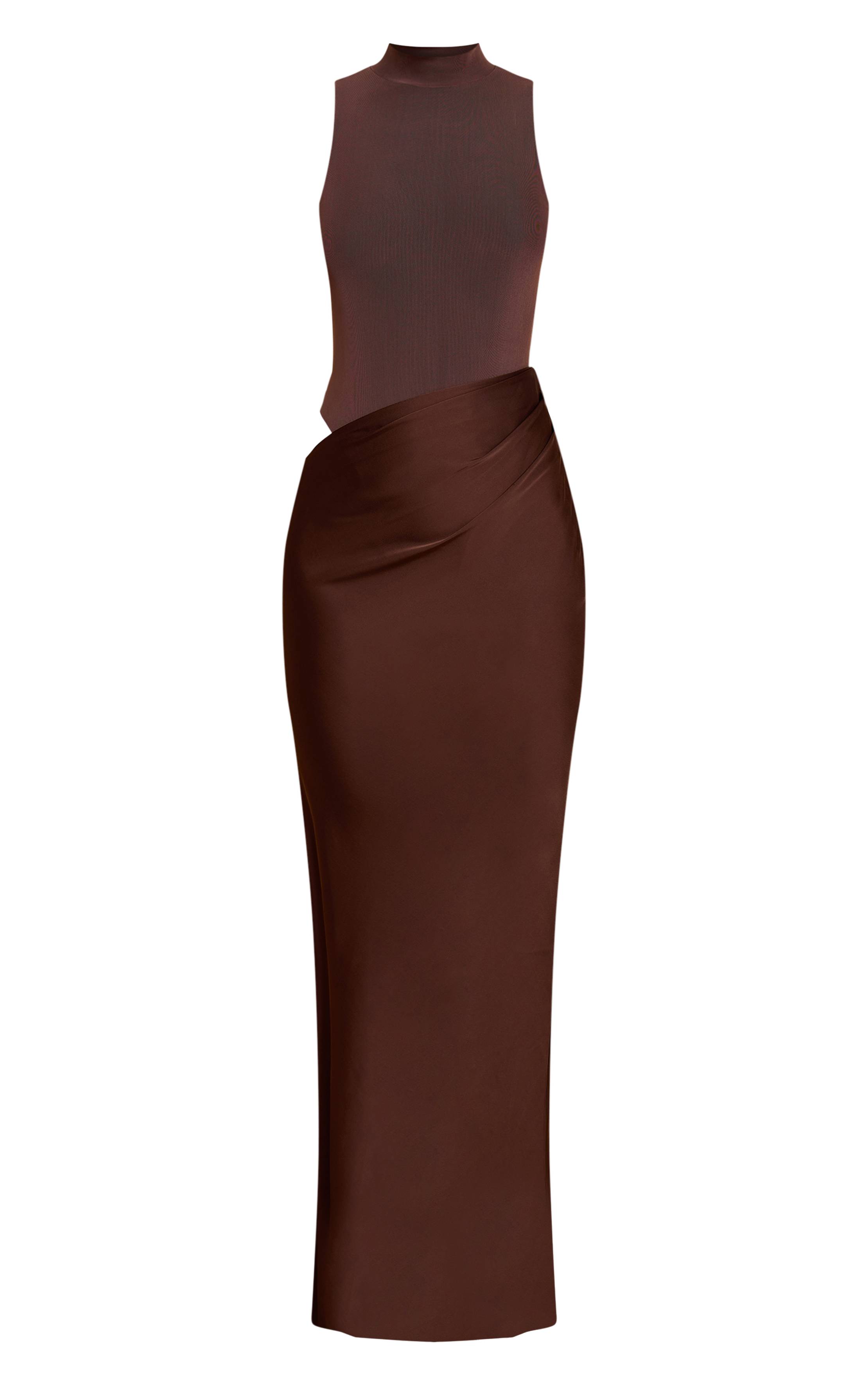 Chocolat Robe Maxi Jupe Satinée À Empiècement Mesh Racer