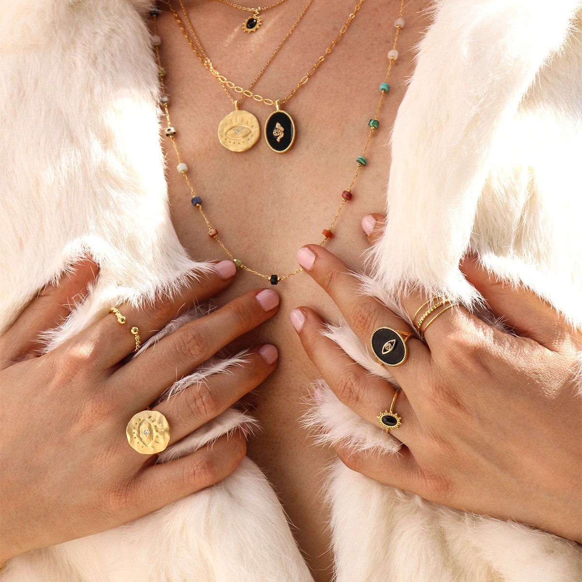 Collier agate noire et serpent zircons doré à l'or fin 24k SALOMÉ