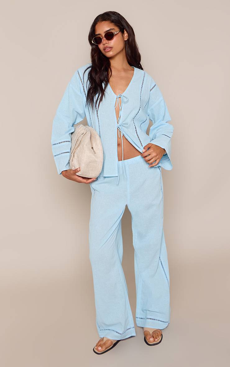 Bleu Ensemble Coordonné Chemise En Lin Avec Détails Ajourés