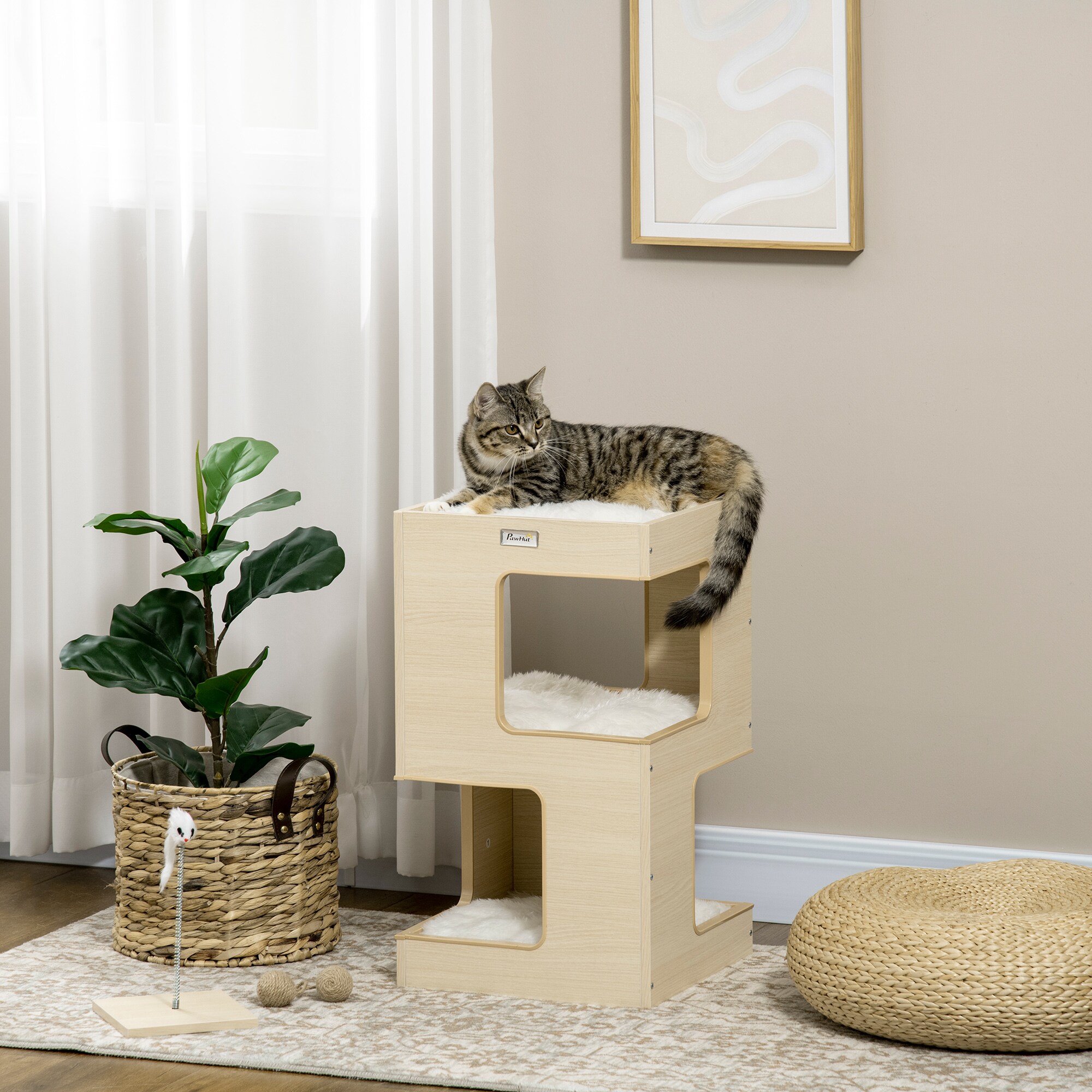 PawHut Katzenhaus mit Kissen natur 34L x 34B x 60H cm