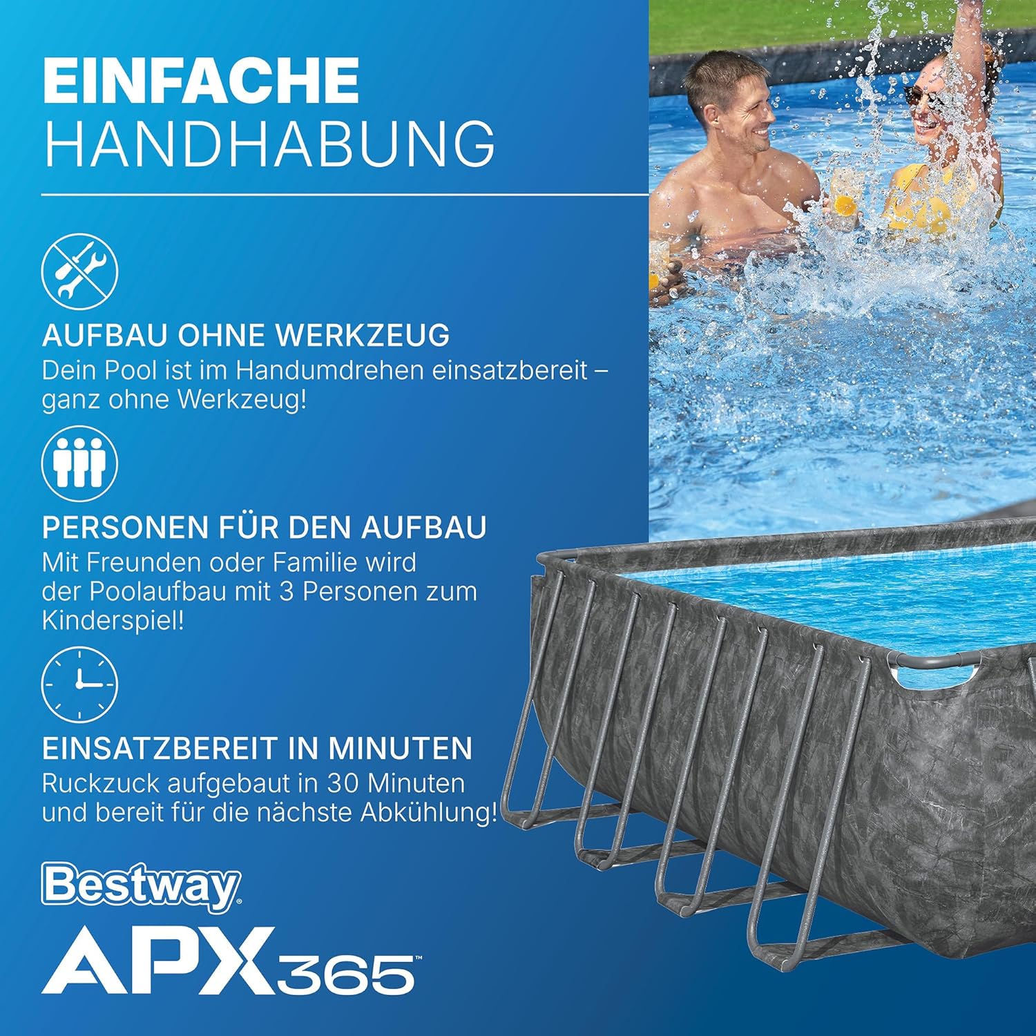 Bestway APX365 Winterfestes Frame Pool Komplett-Set, 956 x 488 x 132 cm, 52.231 L, Sandfilteranlage, Polar-Shield Ganzjahresschutz, ClickConnect System, Marmor-Optik, Sicherheitsleiter, Abdeckplane