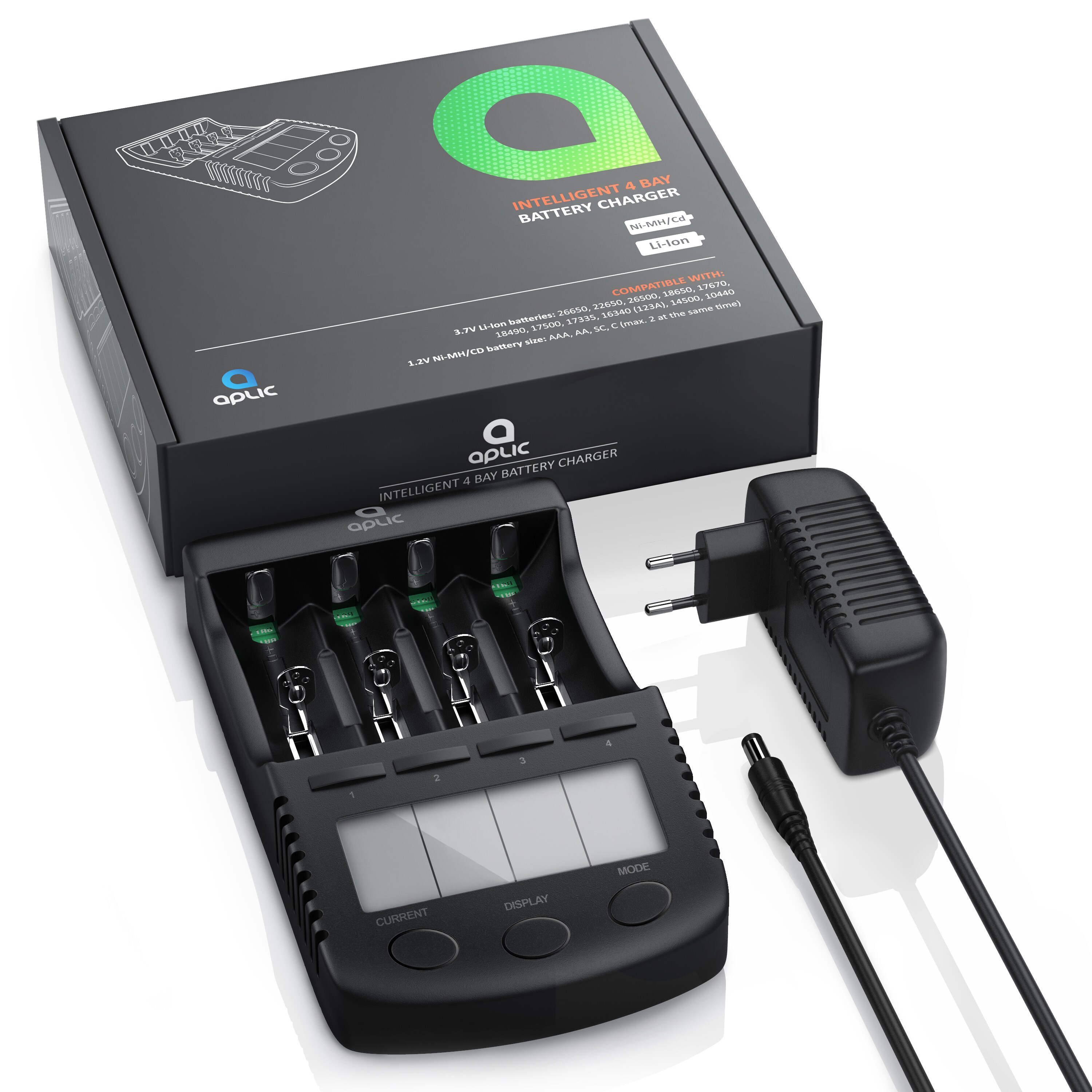Aplic Batterie-Ladegerät 1000 mA, für Akku, mit USB-Ladeport für Li-ion / 18650 / Ni-MH / Ni-CD Akkus