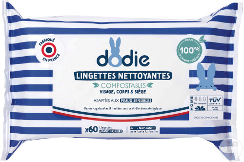 Dodie Lingettes Nettoyantes Compostables 3-En-1 Peaux Sensibles 60 Pièces