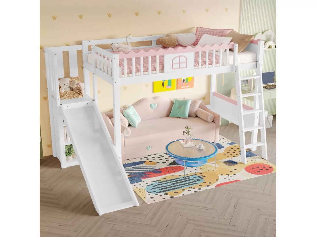Lit mezzanine enfant 90x200 cm - avec éclairage LED - avec étagères - avec toboggan - Bois massif - Blanc (sans matelas)