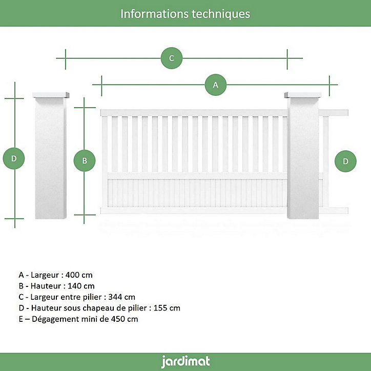 Portail Jardimat coulissant aluminium Garonne blanc 9016 - 400 x h.140 cm