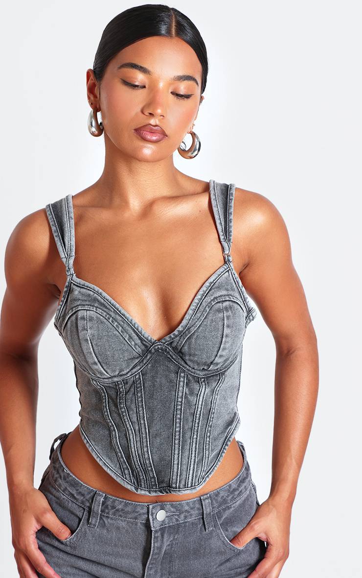 Washed Grey Corset En Denim À Ourlet Asymétrique Et Bonnets Bustier