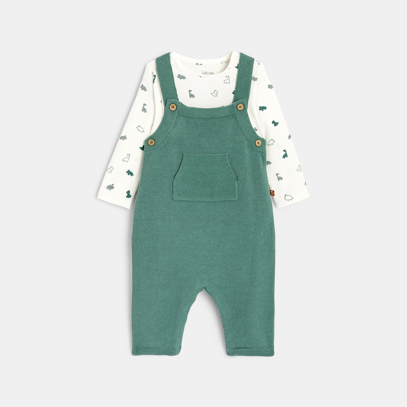 Salopette en maille tricot et body dinosaures verte naissance