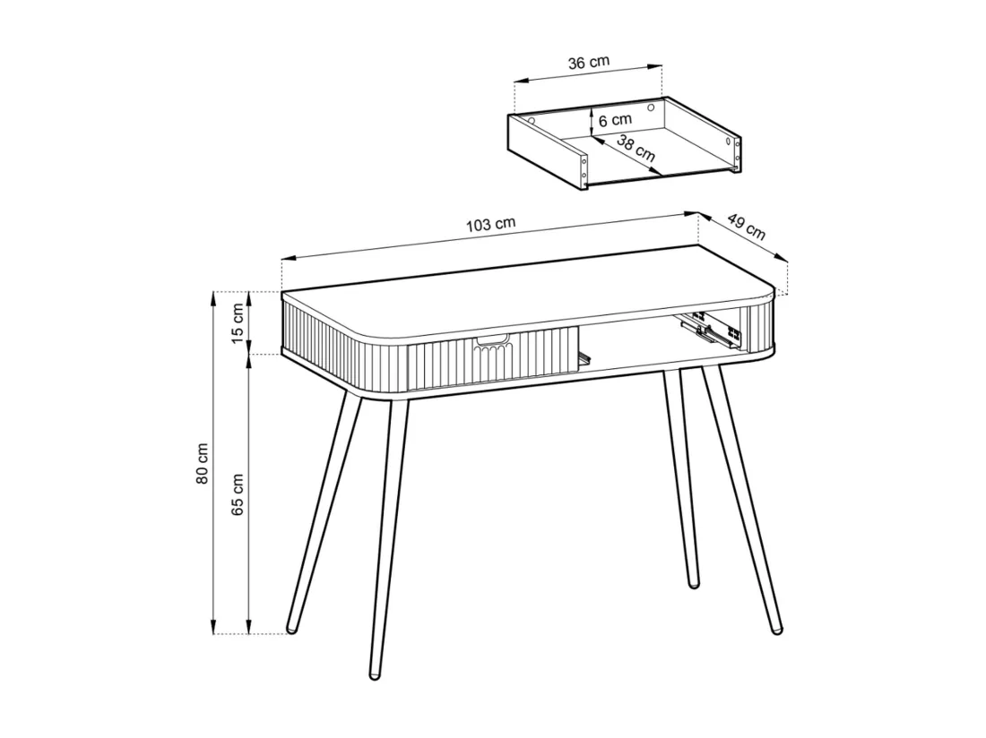 Coiffeuse avec 2 tiroirs et façades laminées - 110 cm - grège avec pieds dorés - ZOVA