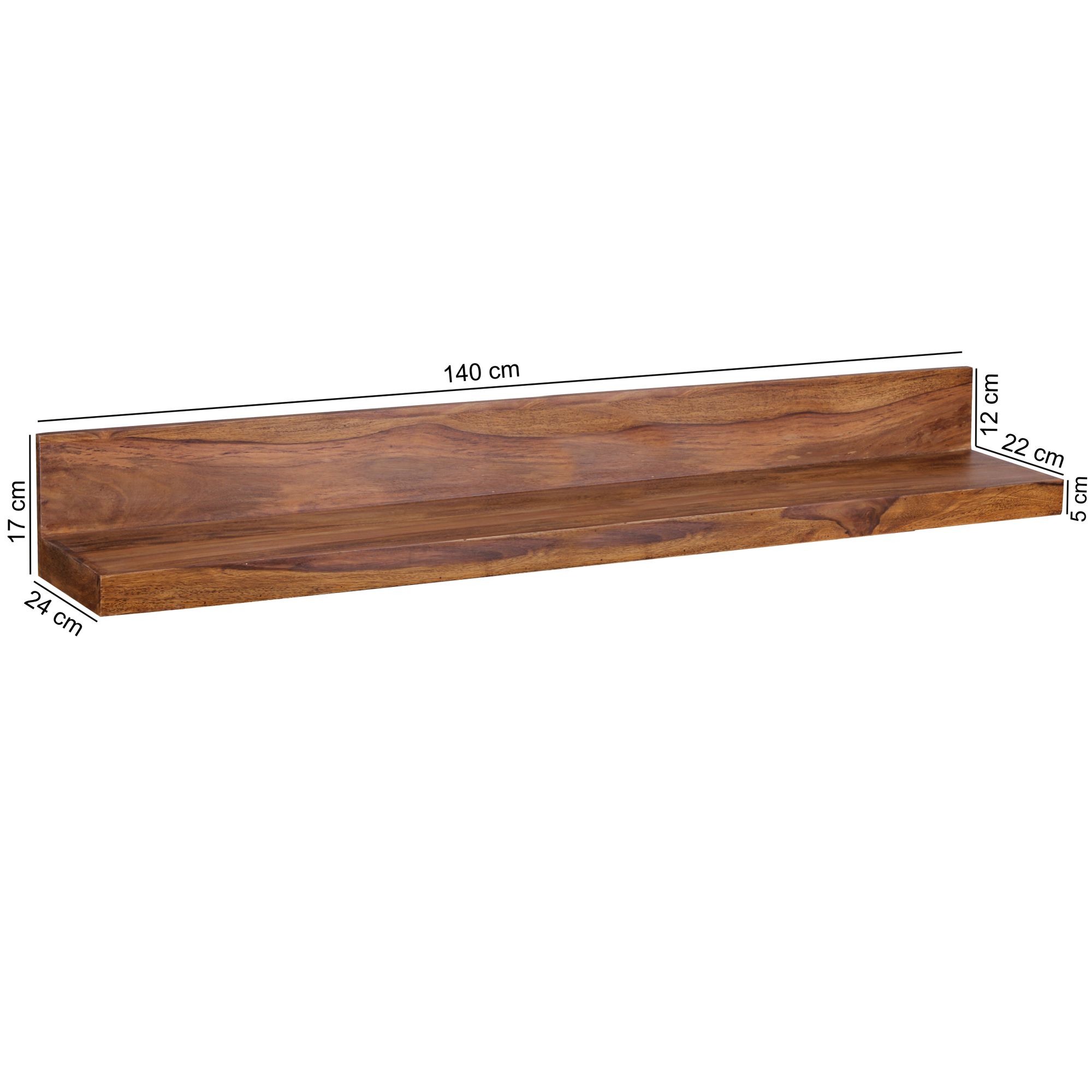 KADIMA DESIGN Wandregal Wood aus Massivholz Sheesham, 140 cm, nachhaltig, starke Auflagefläche, ideal für Wohnräume und Flure, handgefertigt