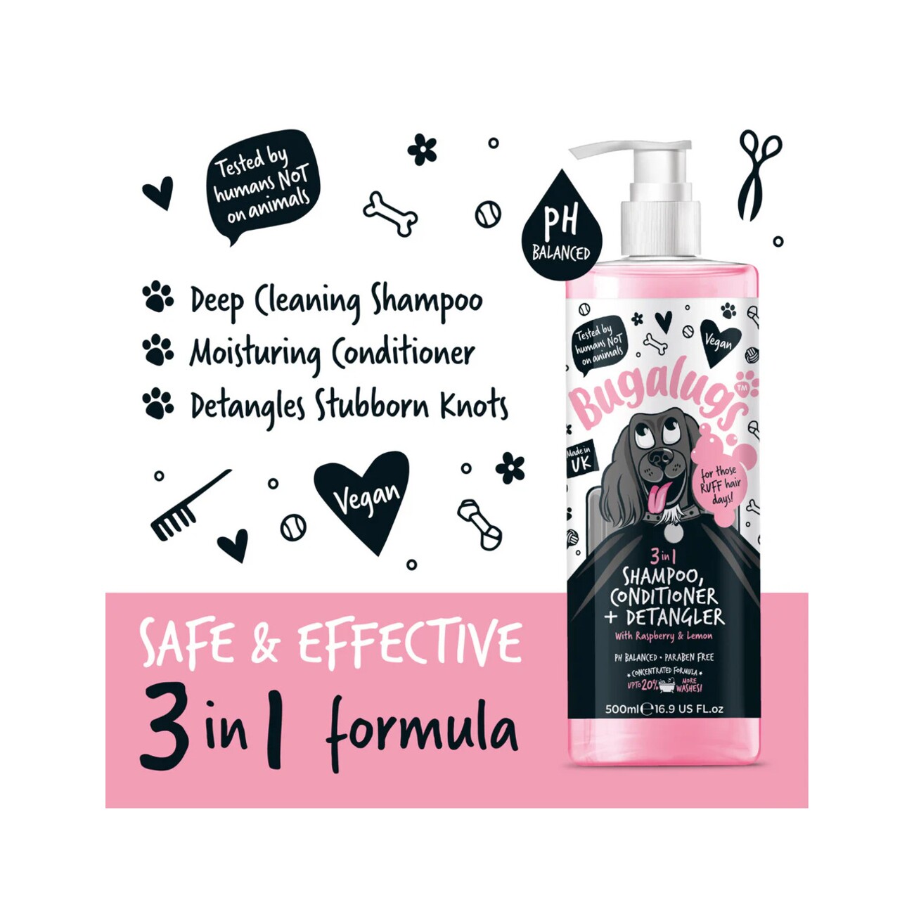 Bugalugs 3-in-1 Hundeshampoo, Conditioner & Detangler – Himbeer & Zitrone