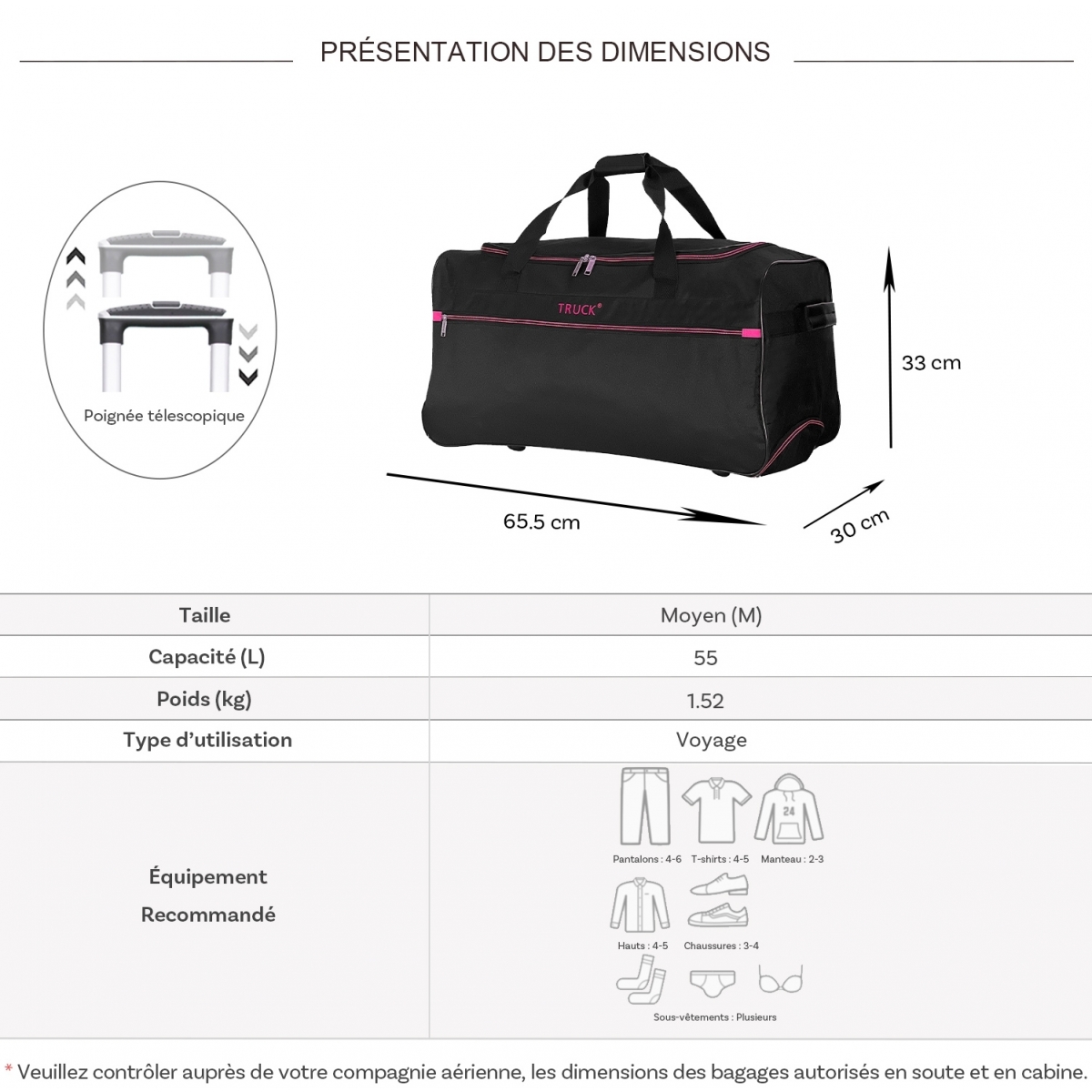 Truck Sac de voyage avec roulettes 64L Truck polyester taille M 65.50cm