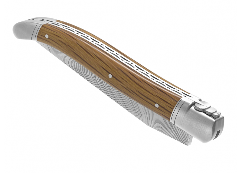Couteau Laguiole collection damas avec un manche en bois de chêne et 2 mitres en acier inoxydable