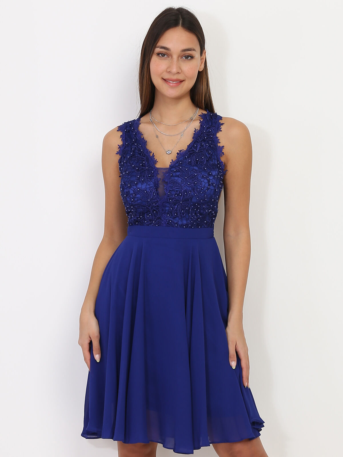 Robe à broderie et perles grandes tailles- Bleu