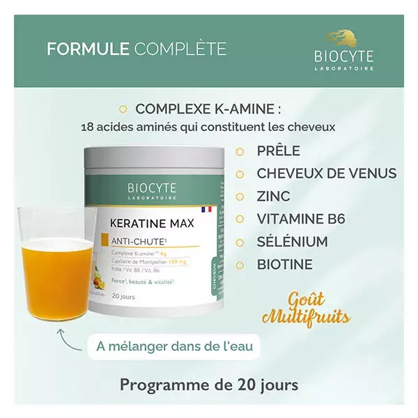 Biocyte Keratin Max em pó para diluir, com cavalinha e biotina para tratamento antiqueda de cabelo (20 dias).