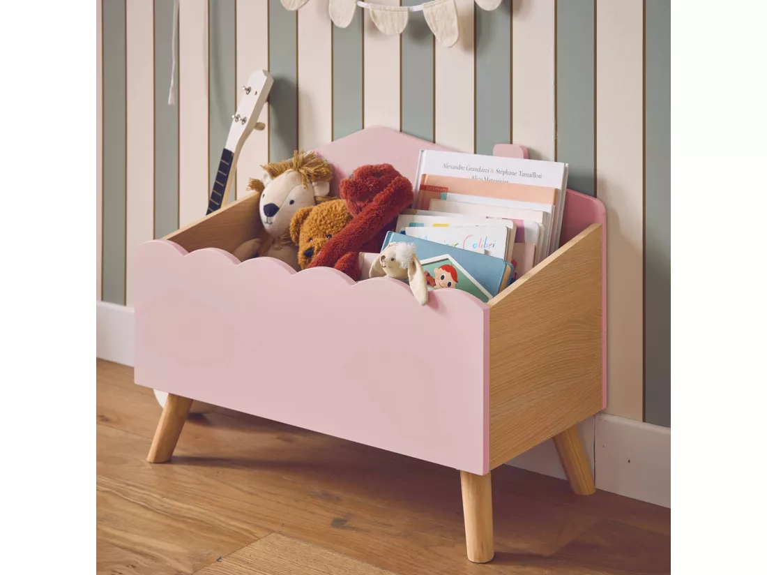Coffre à jouets enfant effet bois. rose. L 58 x P 28 x H 44.5 cm