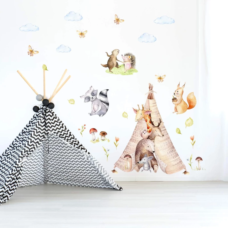 Nikima Wandtattoo 121 Wandtattoo Freunde im Tipi Zelt Bär Giraffe Igel Aquarell braun