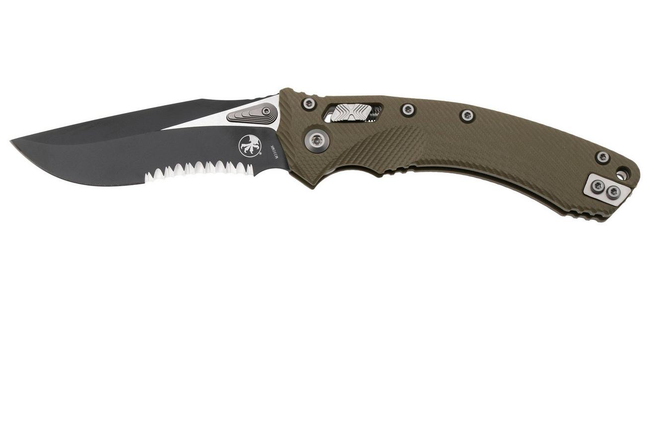 Microtech Amphibian 137RL-2FLGTOD, Two Tone Black M390MK, Fluted OD-Green G10, partly serrated zakmes