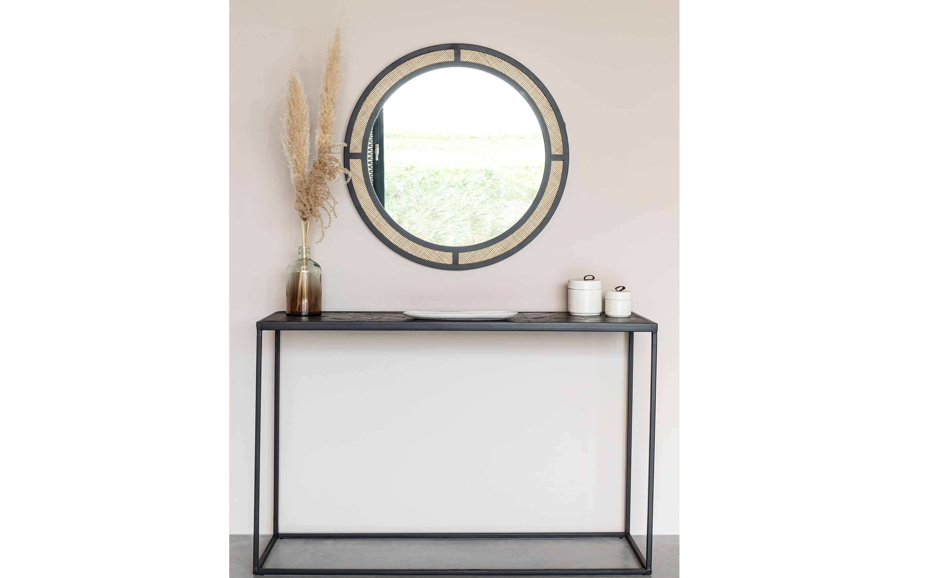 Spiegel Aida Round, schwarz/Rattan, 76 cm