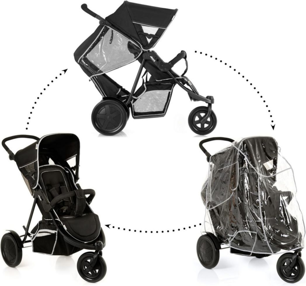 Poussette double Hauck Freerider à 3 roues - Tandem 2 enfants - Hauteur réglable, pliable, habillage pluie inclus, siège bas amovible - Noir