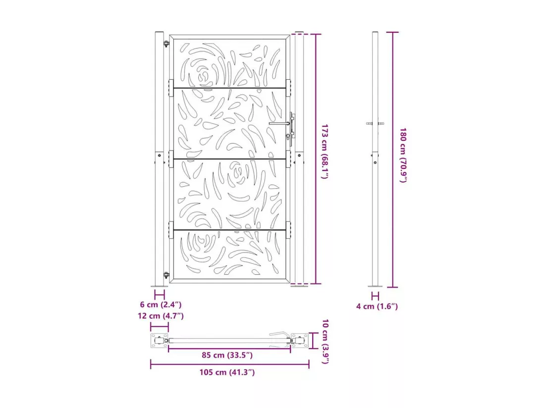 Portail de jardin noir 105x180 cm acier conception de flamme