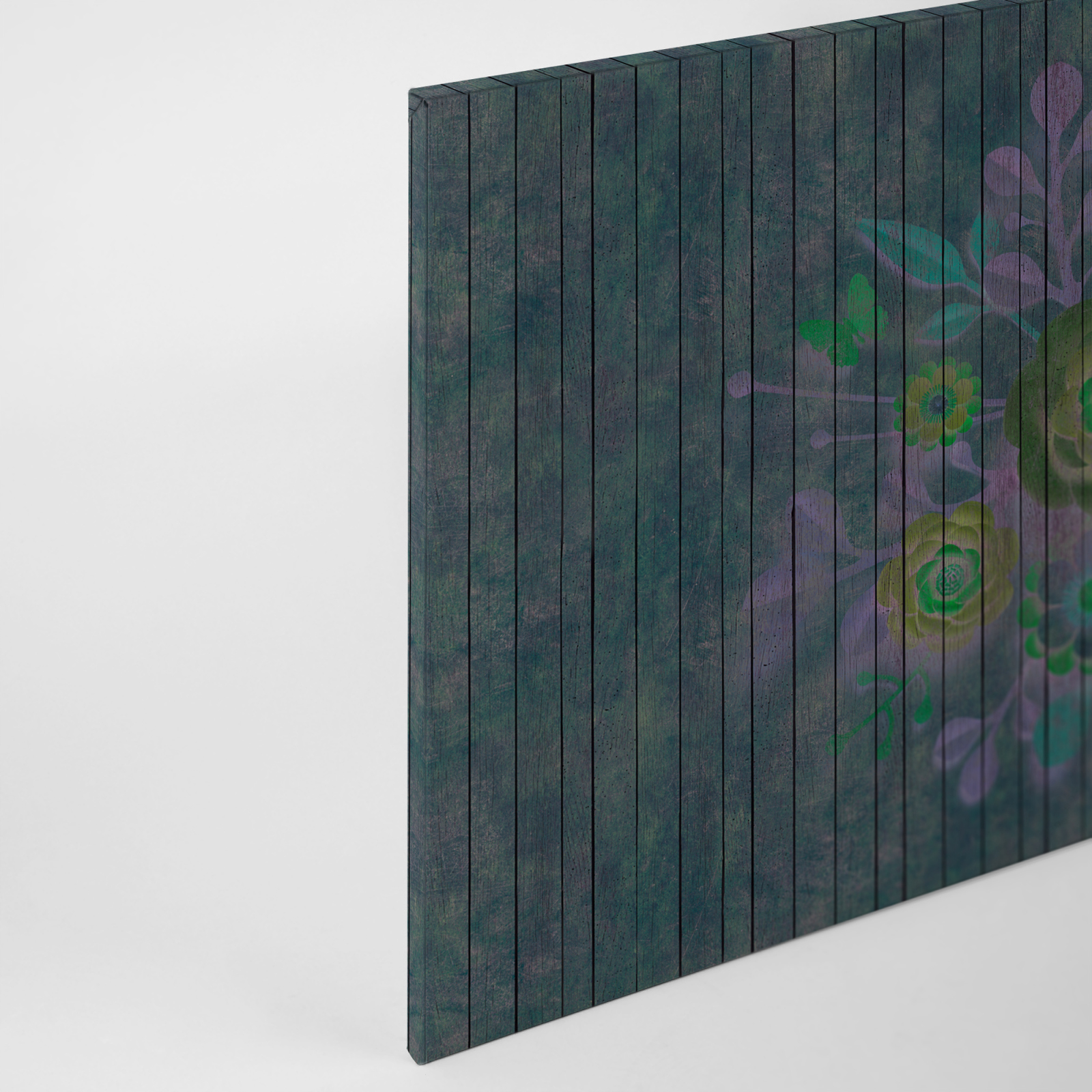 Leinwandbild BLUMEN AUF HOLZ - grün-lila - 90x60 cm
