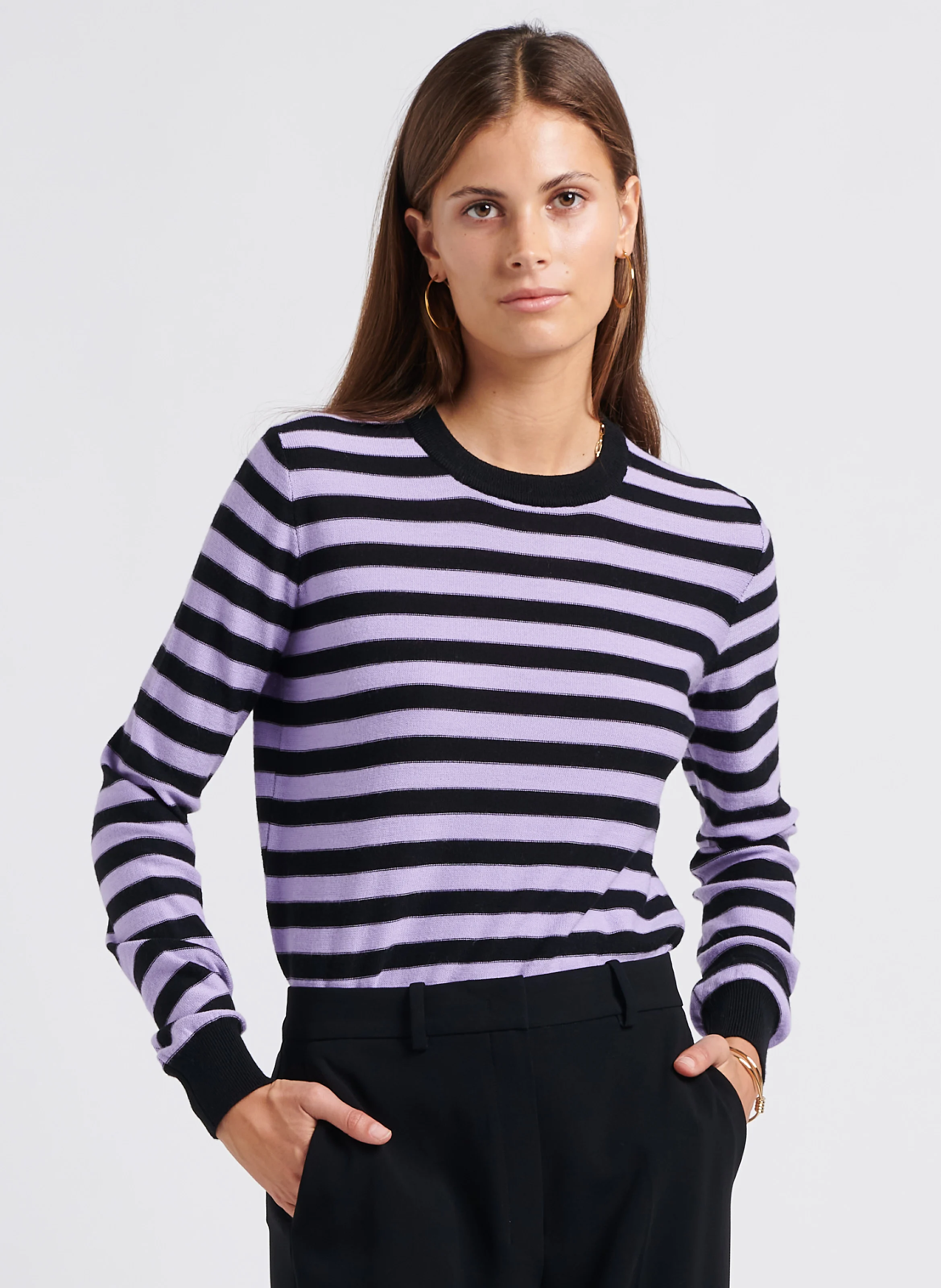 Pull col rond rayé en laine | Noir