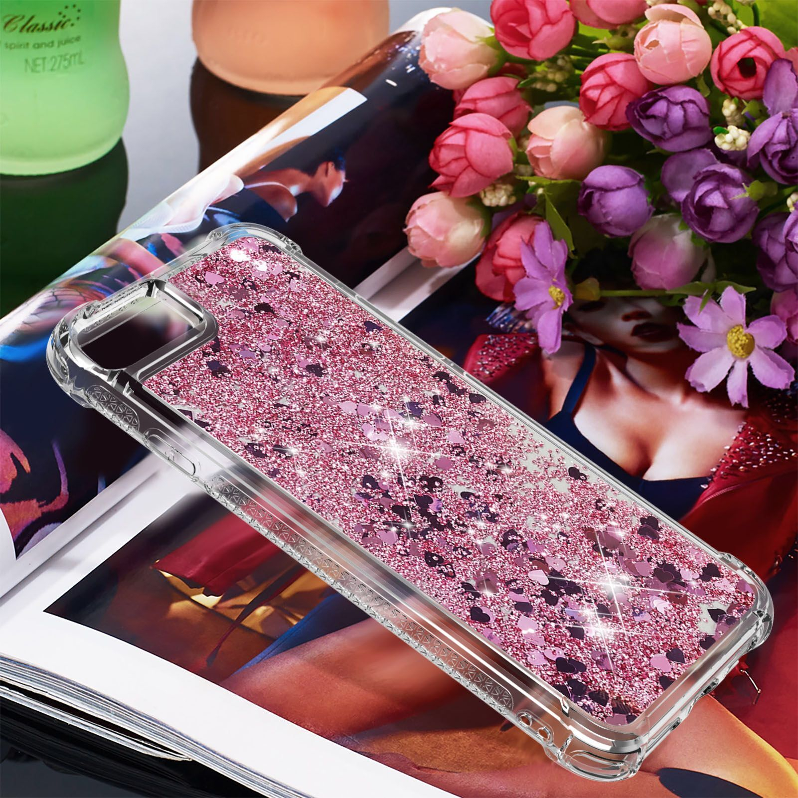 iPhone SE (2022/2020) / 8 / 7 Gummi Hülle mit Air Cushion Fallschutz Liquid Case Glitzer Herzen - Transparent / Pink