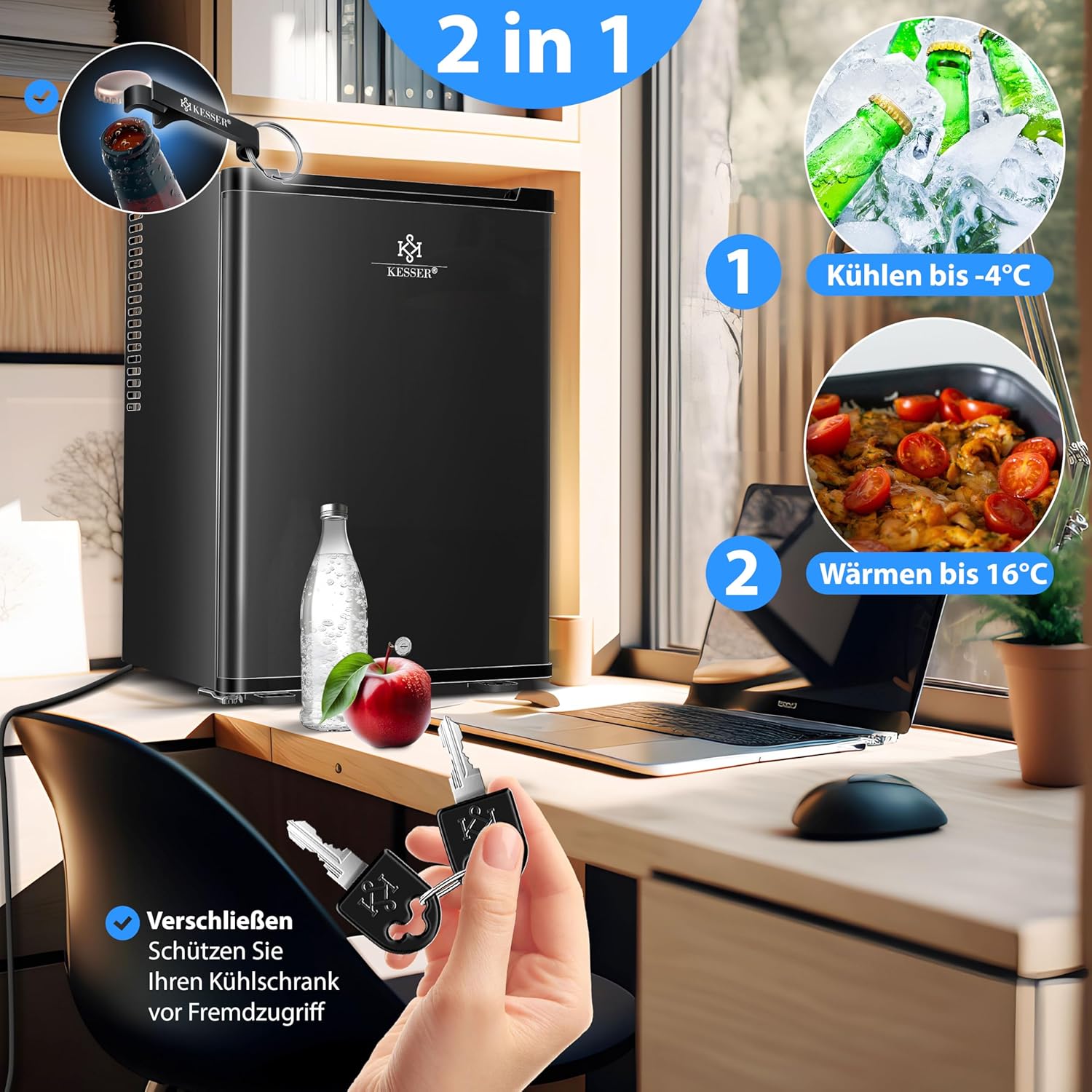 KESSER® Mini réfrigérateur avec Serrure, Mini Bar de 40 l, Silencieux, 22 DB, verrouillable, Chambre à Coucher, butée de Porte Amovible, env. 4 à 16 °C, Hauteur 57 cm, éclairage intérieur