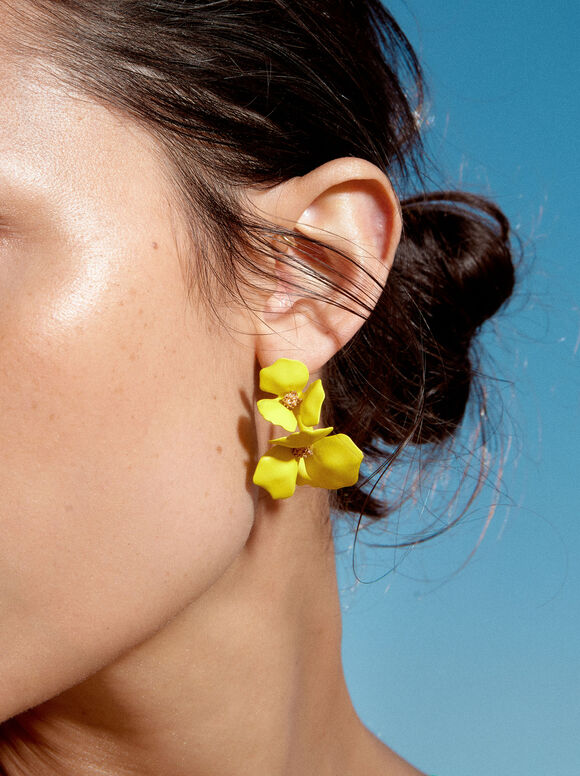 Pendientes De Aro Con Flores - Amarillo