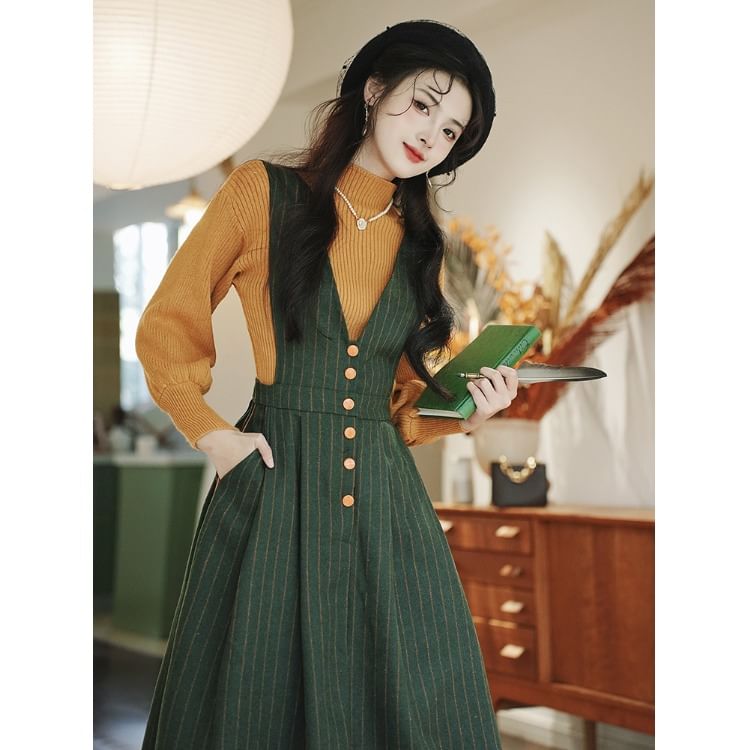 Nebbia - Set: Lange mouwen, mockneck, effen gebreide top + mouwloze gestreepte midi-A-lijn jurk