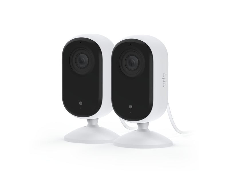 Arlo Essential 2K Indoor VMC3260 Weiss, 2er Set Komplette Heimsicherheit. Einfach anschliessen und Ihr Zuhause mit der 2K Sicherheitskamera schützen.
