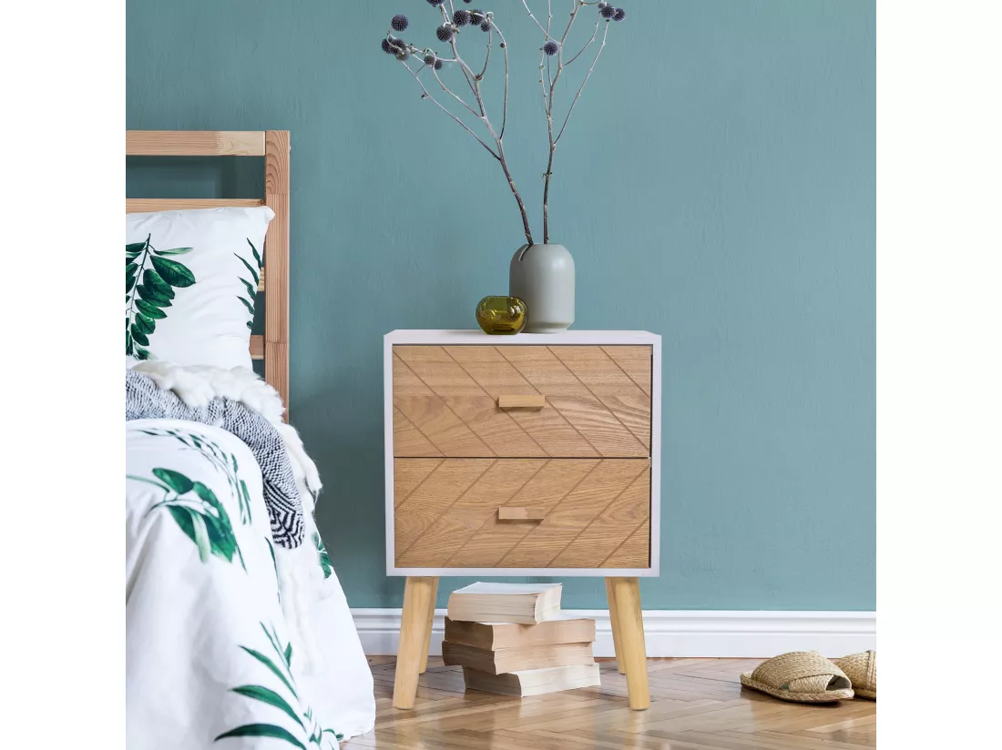 Chevet table de nuit design scandinave 40L x 30l x 56H cm 2 tiroirs bois massif pin MDF blanc et hêtre motif graphique
