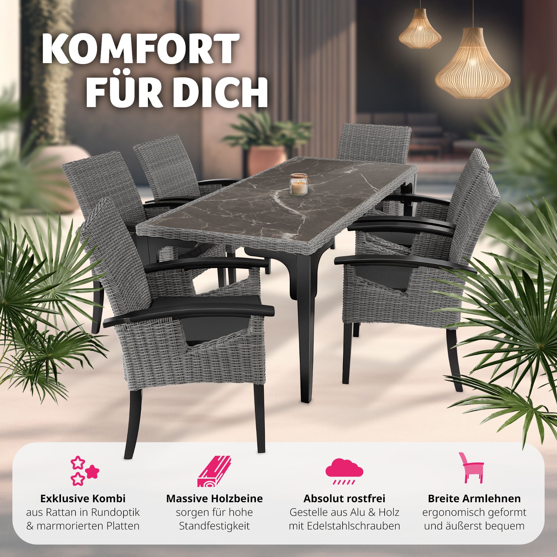 tectake® Rattan Tisch Foggia mit 6 Stühlen Rosarno, mit Holzgestell, wetterfest und UV-beständig, Armlehnen und Beine aus Holz