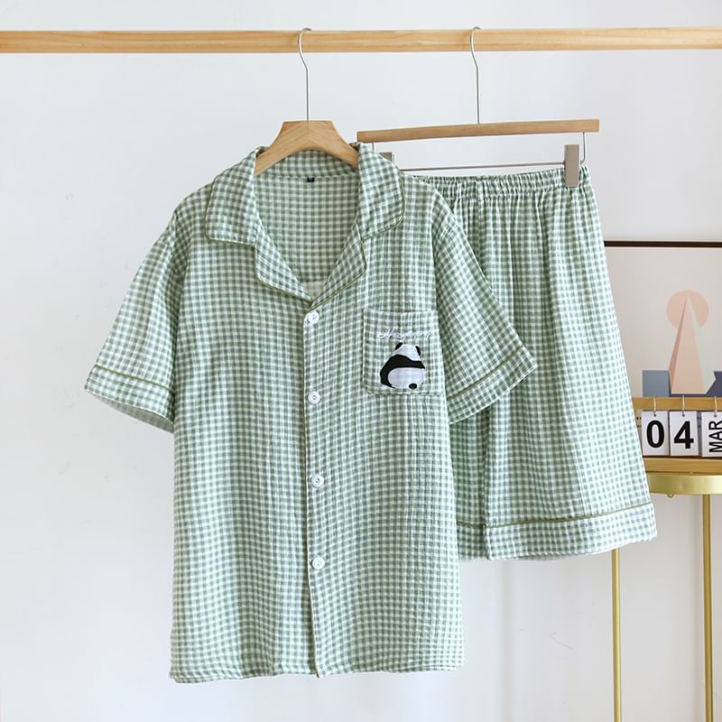 MelMount - Bijpassende pyjamaset voor koppels: geruite top met korte mouwen + shorts (verschillende ontwerpen)
