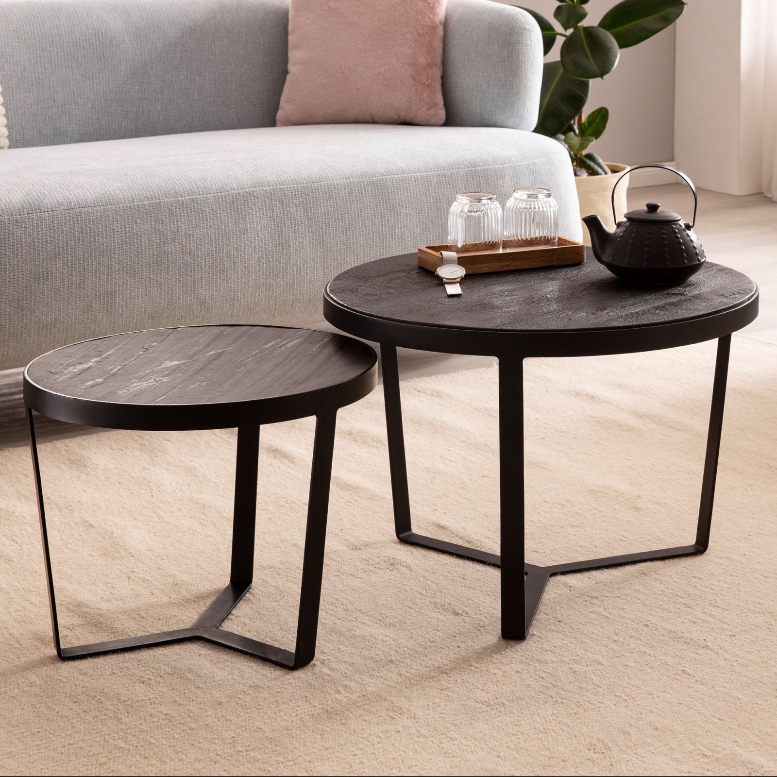 2-teiliges Couchtisch-Set - schwarz - Massivholz - Metall