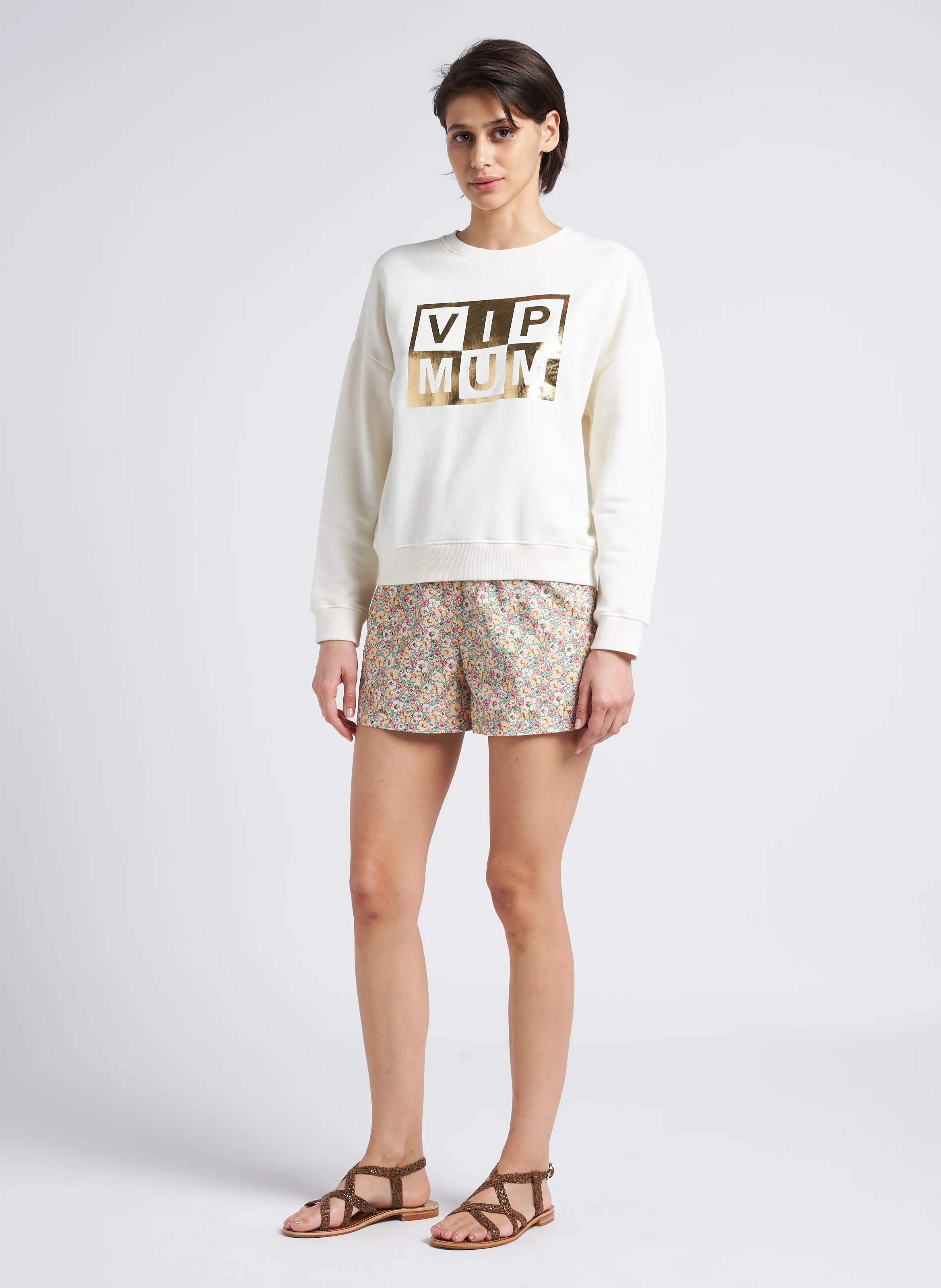 Sweat col rond sérigraphié en coton | Beige