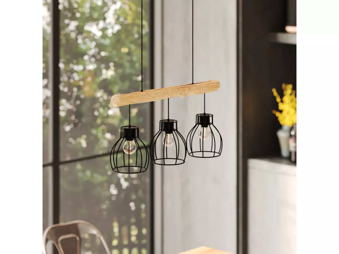 Suspension 3 lampes en bois d'eucalyptus et métal noir - Abby