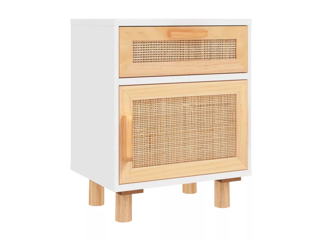 Table de chevet Blanc Bois de pin massif et rotin naturel
